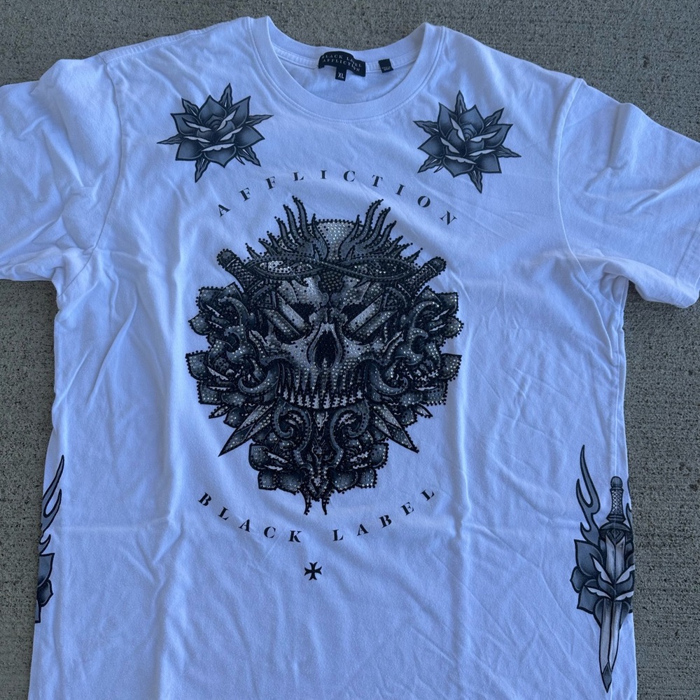 Affliction Black Label USA Made Skulls Swords Roses White T- Shirt - Men's XL